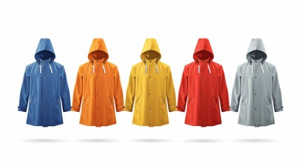 A row of five brightly colored raincoats are displayed on a white background