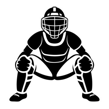 recommend clip art: Vector Baseball Catcher Ready for Action: A powerful silhouette of a catcher in full gear, crouched and ready to catch, evokes the intensity and focus of the game.  