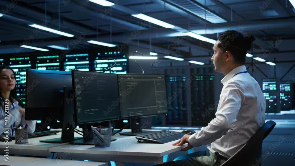 Poster engineer overseeing data center, making improvements and updates to ensure system can handle network