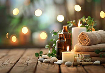 Beautiful composition with different spa products on table against blurred lights, closeup