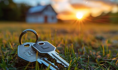 A close-up of a house key, with a blurred house in the background, represents home ownership, real estate, and security, reflecting a sense of safety and belonging.