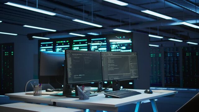 Computers in data center used for managing equipment rackmounts energy consumption. Panning shot of PC monitors in high tech establishment used for automation and monitoring processes in server hub