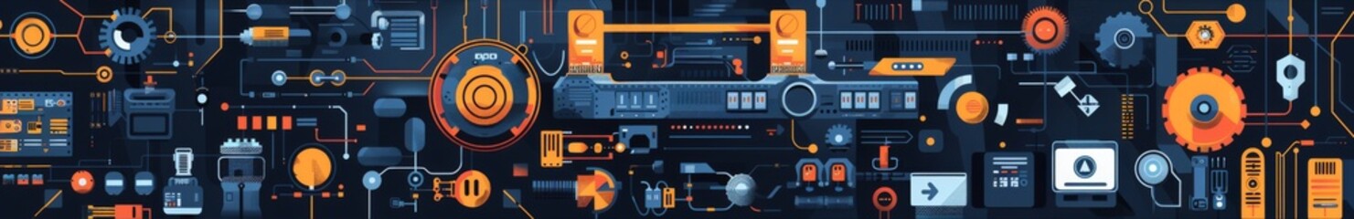 Seamless Mechanical Pattern with Diverse Technological and Industrial Elements in a Flat Vector Style for Modern Design Applications.