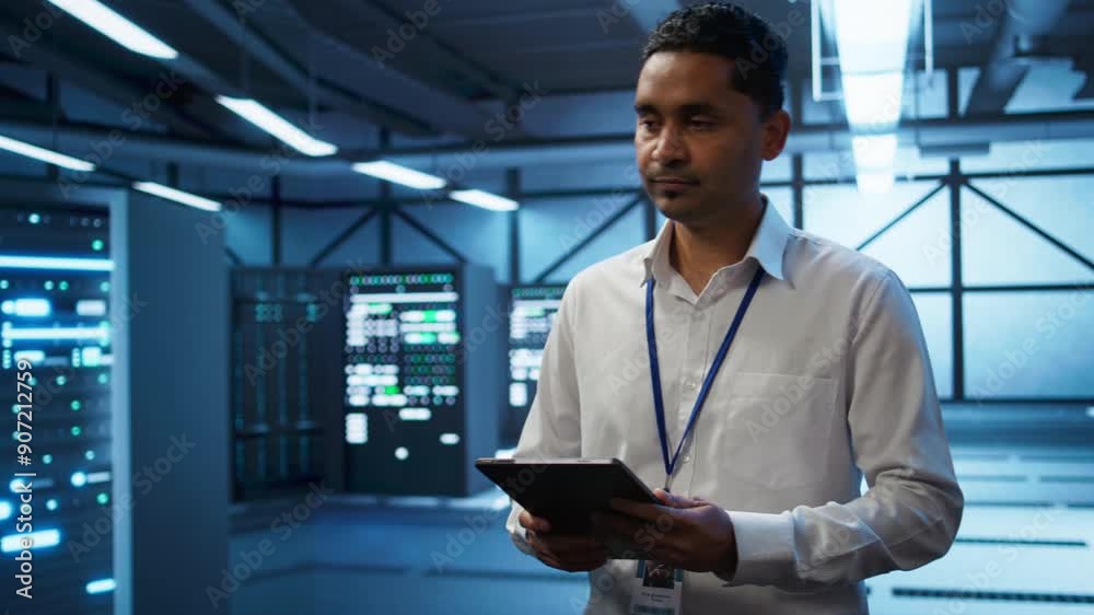 Poster programmer walking in high tech data center used for managing infrastructure energy consumption, wor