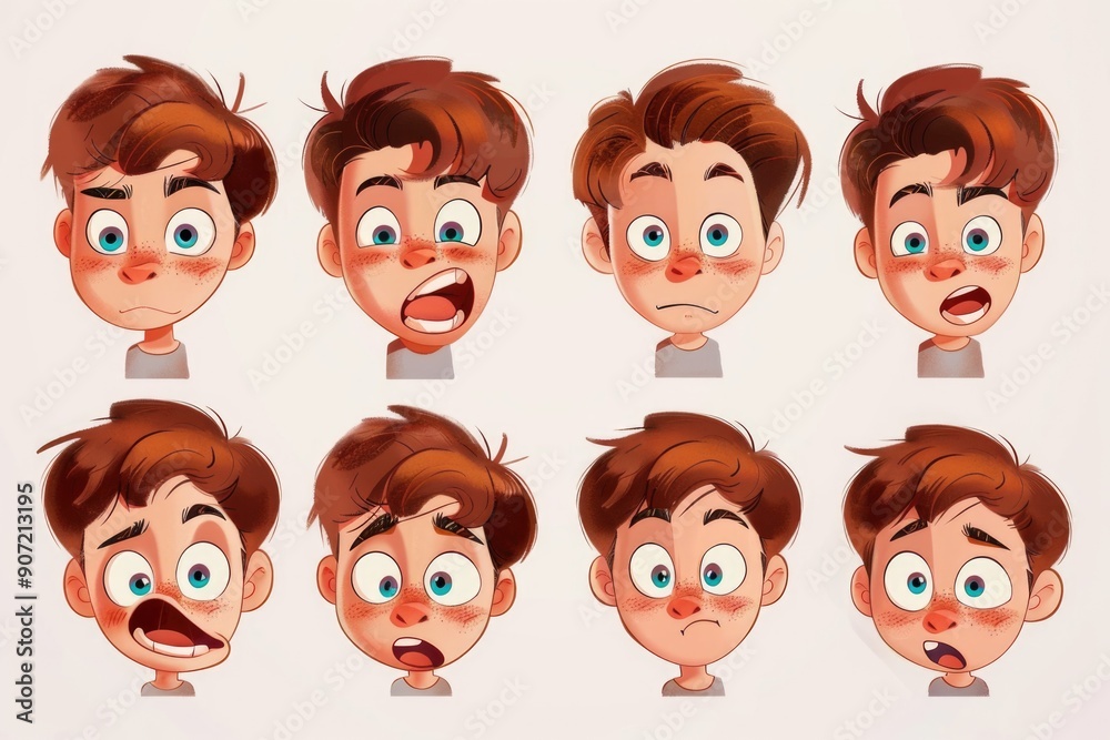 Poster a set of cartoon faces of a boy with different expressions