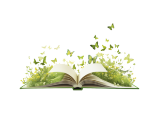 Open Book With Emerging Green Butterflies And Flowers