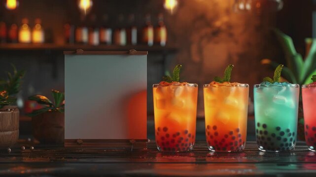 Colorful bubble tea drinks on a wooden bar counter.