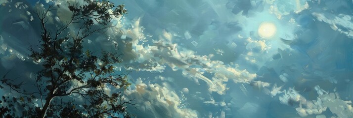 Fototapeta premium Serene Blue Sky with Grey and White Clouds and Sun behind Tree Silhouettes