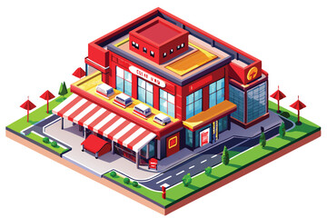 Isometric Illustration of a Red Brick Building with a Striped Awning