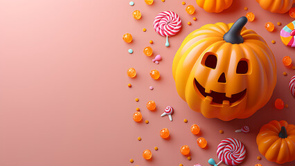 Smiling halloween pumpkins and candy in minimalist style, flat background, wide copy space for text.