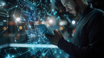 Internet network technology, digital software development, future tech background, IoT concept. man using digital tablet and laptop with global network connection and computer code