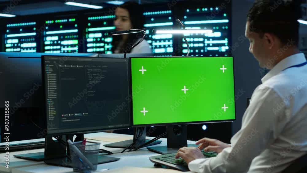 Poster engineer in data center monitoring security threats using mockup computer, implementing cybersecurit