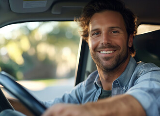 Obraz premium A man smiling while driving car