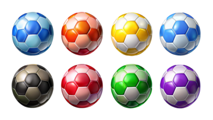 Set of Various Colorful Realistic Soccer Balls Isolated on Transparent Background