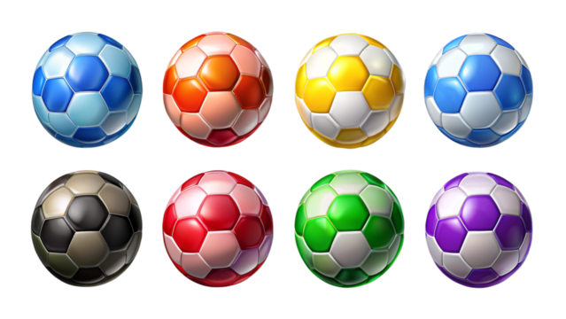 Set of Various Colorful Realistic Soccer Balls Isolated on Transparent Background