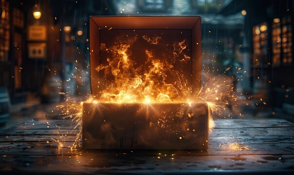 A Black Friday magical mystery box opens with dazzling sparks flying out dramatically, adding excitement to the shopping event.