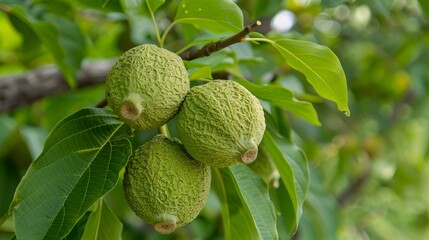 Fototapeta premium Green walnut growing on a tree 