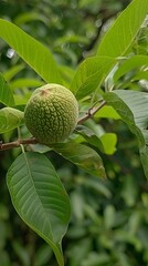 Green walnut growing on a tree 