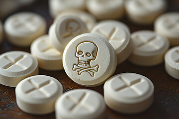 Photograph of Fentanyl Pills with a Skull and Crossbones: Symbolizing danger.
