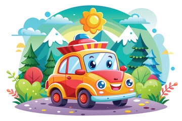 Fototapeta premium A Cartoon Car Smiling and Driving Through a Mountainous Landscape