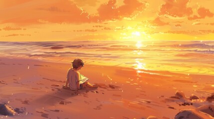 Fototapeta premium An afternoon on the beach with the sun setting in anime brings a heartfelt serenity.