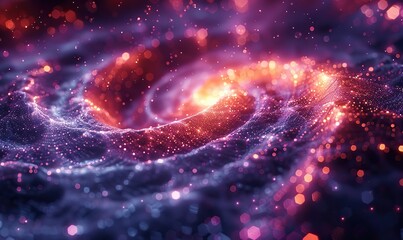 Beautiful, colorful dynamic particles flow in a mesmerizing spiral pattern, forming a captivating and vibrant visual banner.