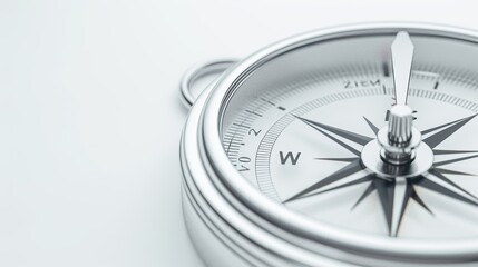 High-detail silver compass, gleaming with a sharp needle, set against an isolated background, ideal for adding text or branding elements