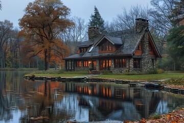 Charming Rustic Cottage Nestled by Tranquil Autumn Lake with Reflective Waters and Vibrant Foliage