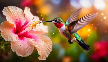 Fototapeta premium A Hummingbird Hovering in Mid-Air Close to a Beautiful Vibrant Flower, Capturing Nature’s Grace and Elegance in Full Bloom