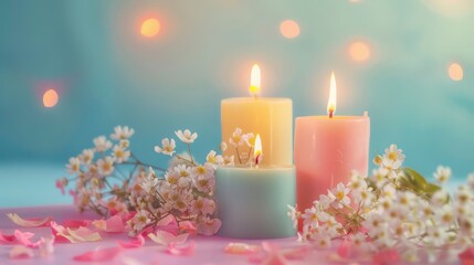 A still life image of three burning candles, surrounded by white flowers and pink petals, creating a serene and romantic ambiance.