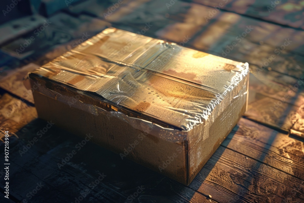 Poster A simple cardboard box resting on a wooden floor, perfect for storage or display