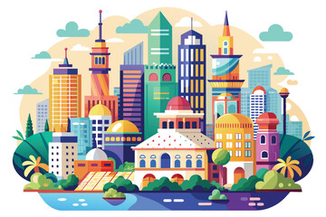 Colorful Cityscape with Buildings, Palm Trees, and a River