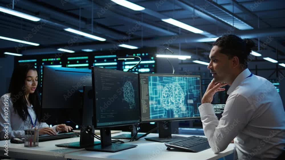 Poster computer scientist using ai tech on pc to do checkup in server room. it staff member in data center 