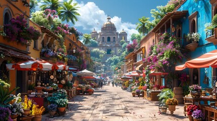 Vibrant Bustling Marketplace with Colorful Stalls and Diverse Vendors in a Lively Urban Setting