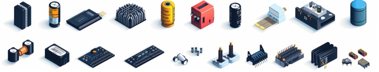 Diverse Capacitor Configurations in Isometric View: A Visual Layout of Electronic Component Icons for Circuit Design Settings.