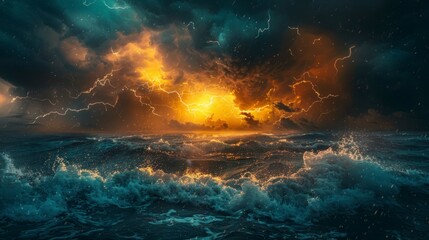 Fototapeta premium Dark stormy ocean night with lightning in blue, yellow, and orange