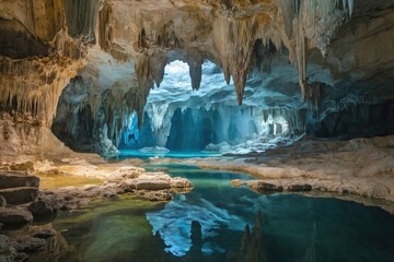 Stalactites with an Underground River: A stunning scene of stalactites above an underground river.