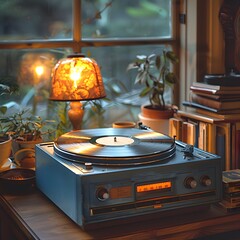 Vintage Retro-Style Record Player with Warm Lighting and Vinyl Records for Nostalgic Music...