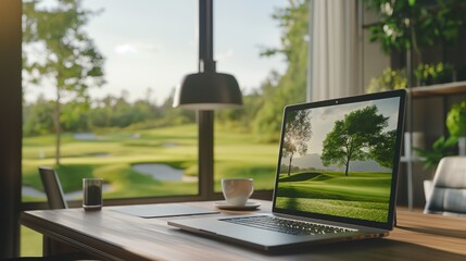 Laptop with a golf screen on a wooden desk at home. Beautiful blurred nature background. 3d illustration