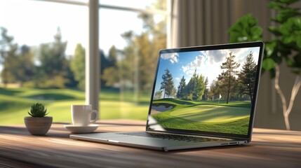 Laptop with a golf screen on a wooden desk at home. Beautiful blurred nature background. 3d illustration