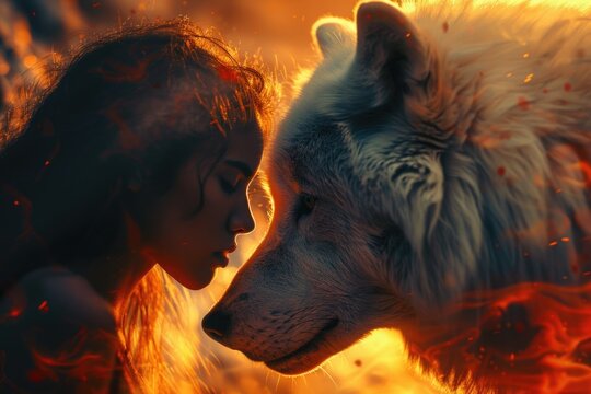 A woman stands with a white wolf in an open field, great for nature or wildlife scenes