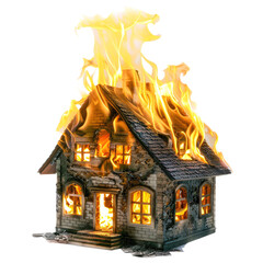 Obraz premium burning house in the fire isolated on transparent white background, clipping path 
