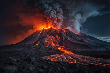 Dramatic Eruption at Night: A powerful volcanic eruption at night, with bright orange lava and ash shooting into the dark sky, illuminating the surrounding landscape.
