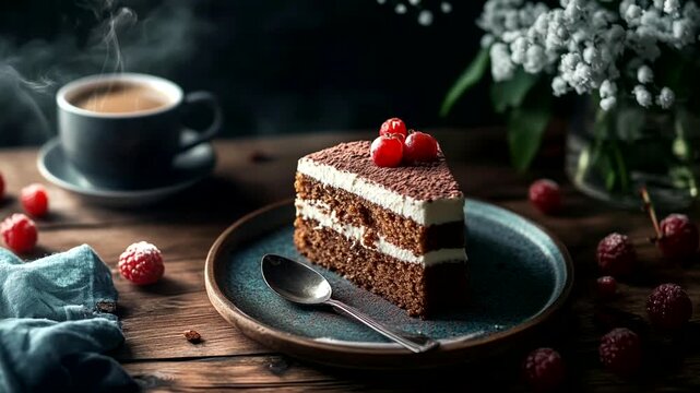 Morning with hot coffee on a wooden table, a spoon, a piece of cake on a plate, Seamless looping 4k time-lapse animation video background