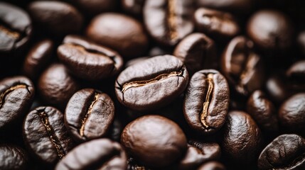 Fototapeta premium Dark roasted coffee beans, neatly stacked and looking plump and enticing. Perfect for highlighting in coffee advertisements or promotional material.