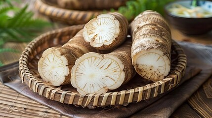 Satoimo or taro roots, known as Japanese sweet taro, dasheen or araimo