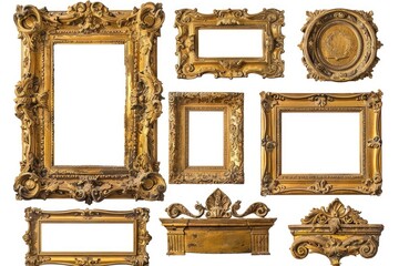 Ornate gold frames arranged on a white background, ideal for decorative purposes or as a prop in your project