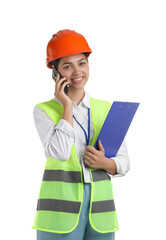 Engineer in hard hat with clipboard talking on smartphone against white background