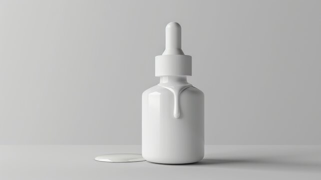A bottle of serum for whitening skin with coconut oil dripped into the bottle. The bottle is positioned to one side, the dropper head is clearly visible highlighting the texture and features