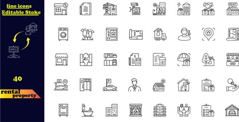 Set of 40 outline icons related to rental property.